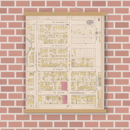 Old map wall art mockup — magnetic wood frame on brick wall — Sanborn Fire Insurance Map from Virginia, Saint Louis County, Minnesota (1921), Sheet #0005
