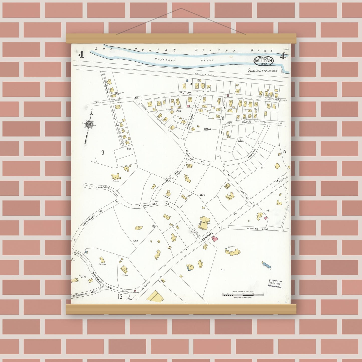 Old map wall art mockup — magnetic wood frame on brick wall — Sanborn Fire Insurance Map from Milton, Norfolk County, Massachusetts (1923), Sheet #0004