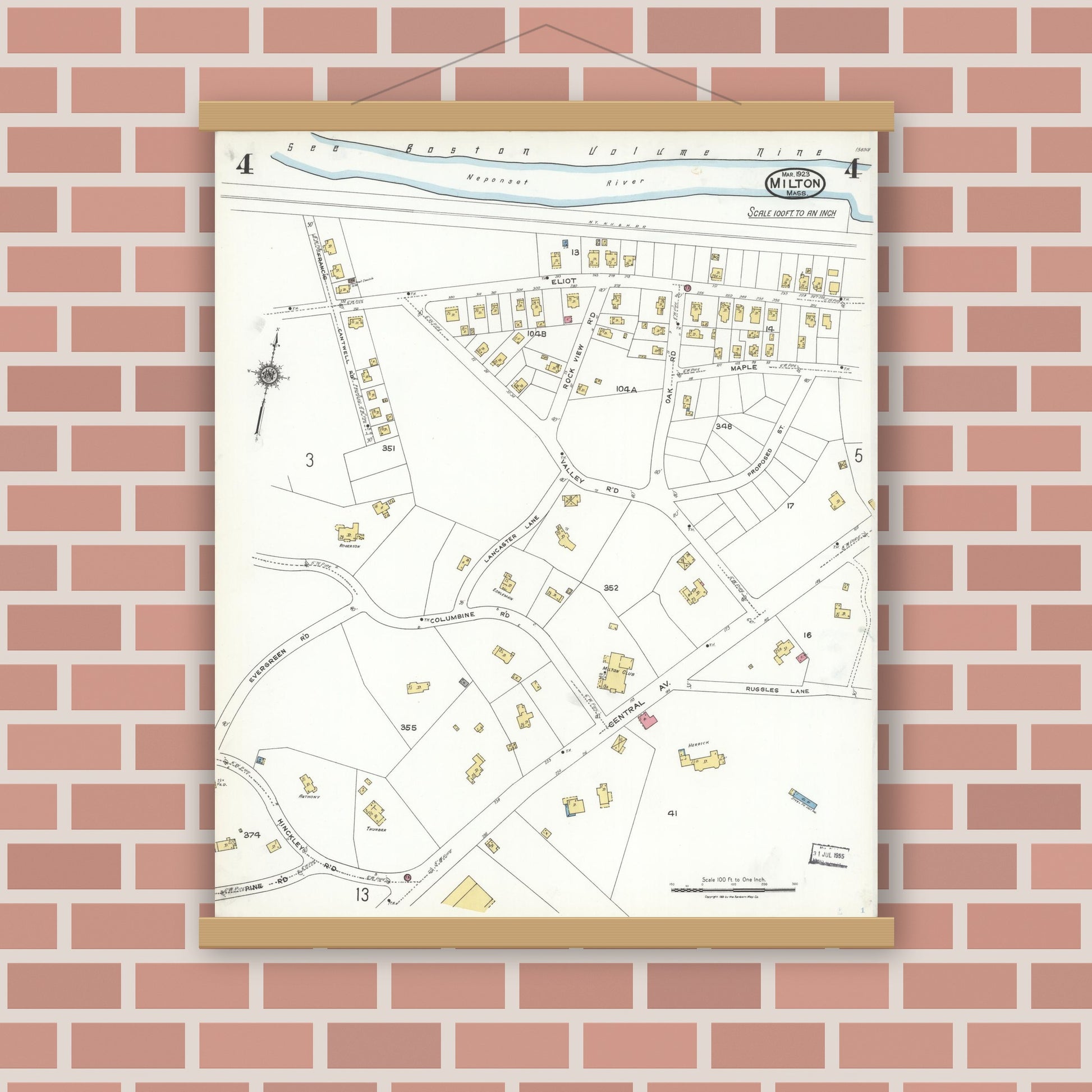 Old map wall art mockup — magnetic wood frame on brick wall — Sanborn Fire Insurance Map from Milton, Norfolk County, Massachusetts (1923), Sheet #0004