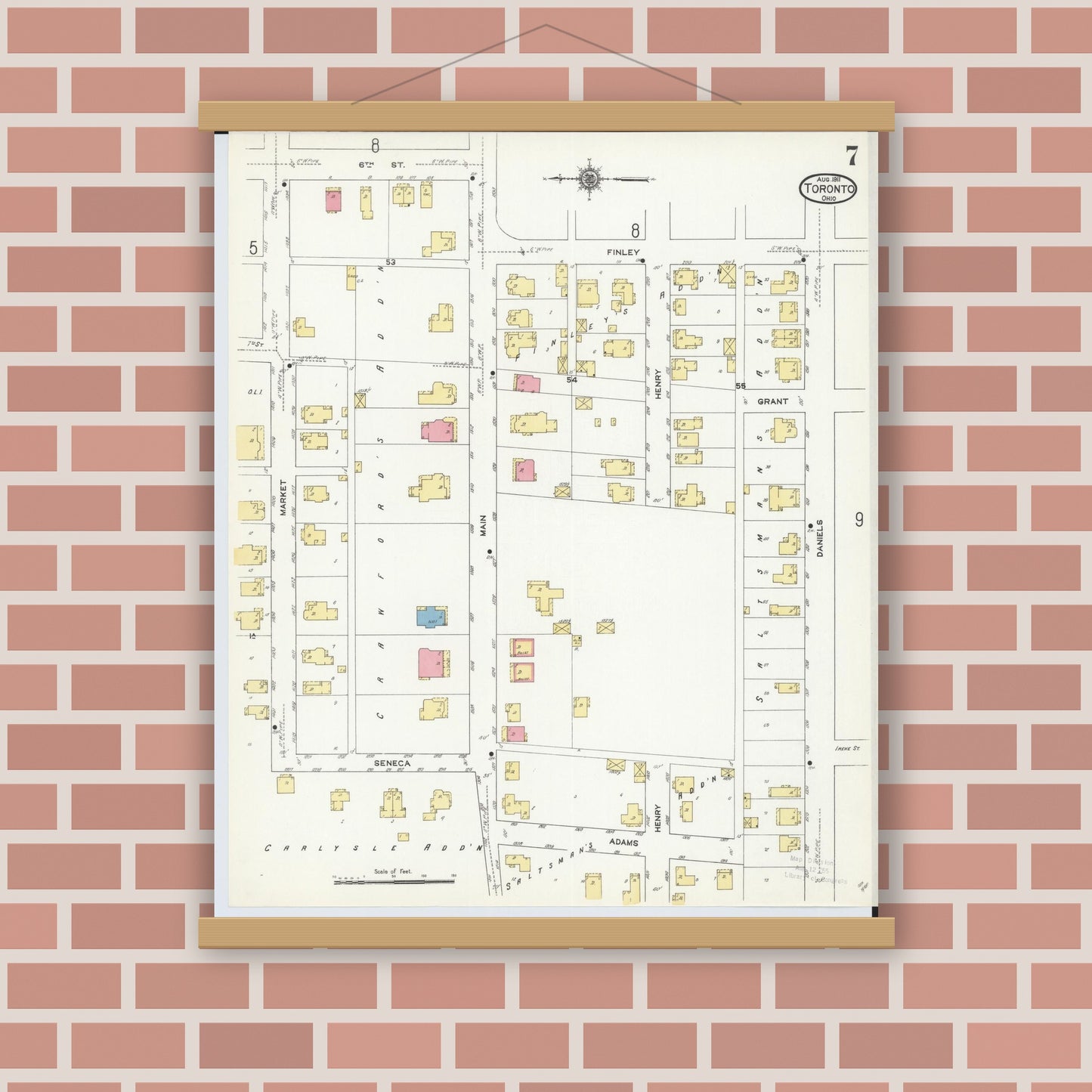 Old map wall art mockup — magnetic wood frame on brick wall — Sanborn Fire Insurance Map from Toronto, Jefferson County, Ohio (1911), Sheet #0007