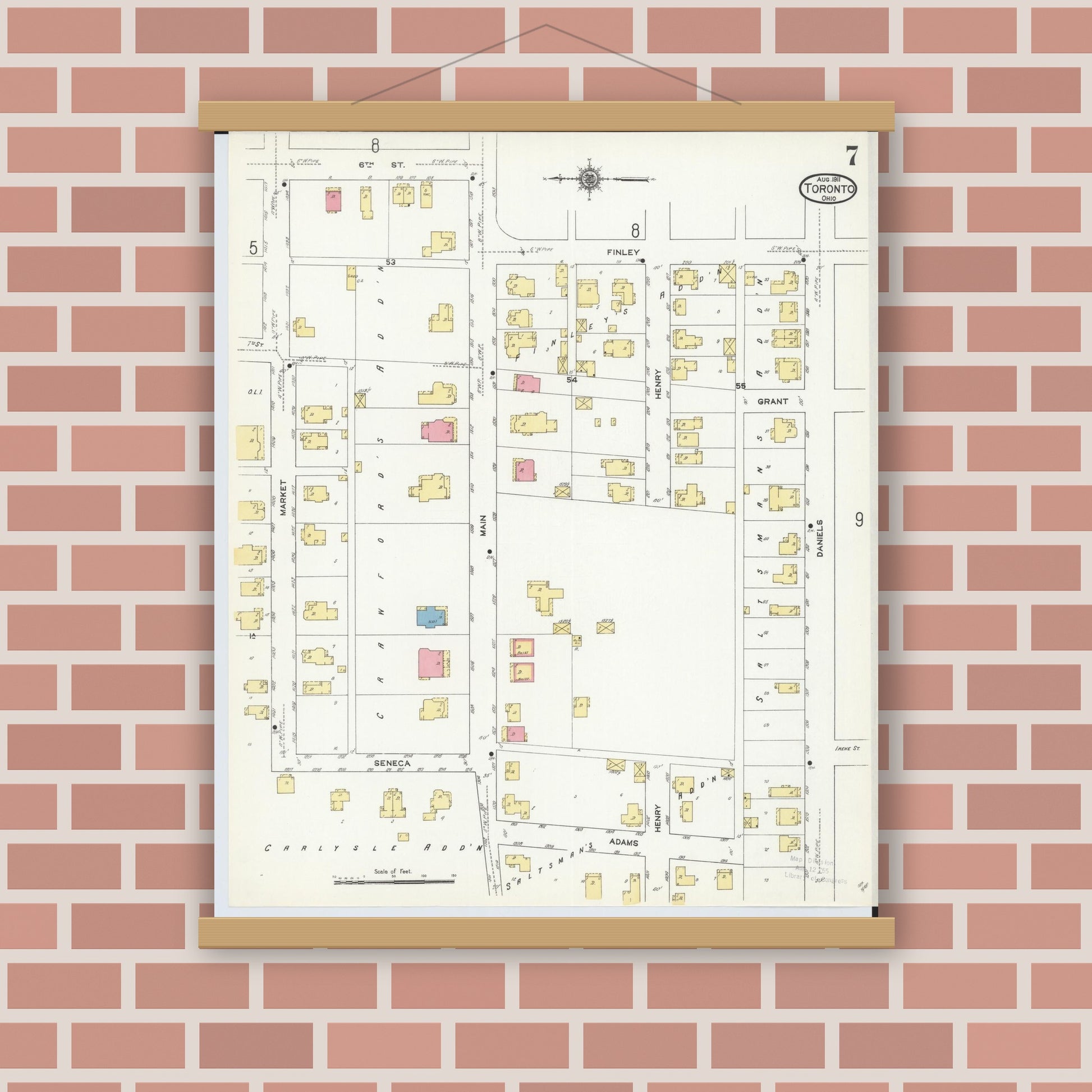 Old map wall art mockup — magnetic wood frame on brick wall — Sanborn Fire Insurance Map from Toronto, Jefferson County, Ohio (1911), Sheet #0007