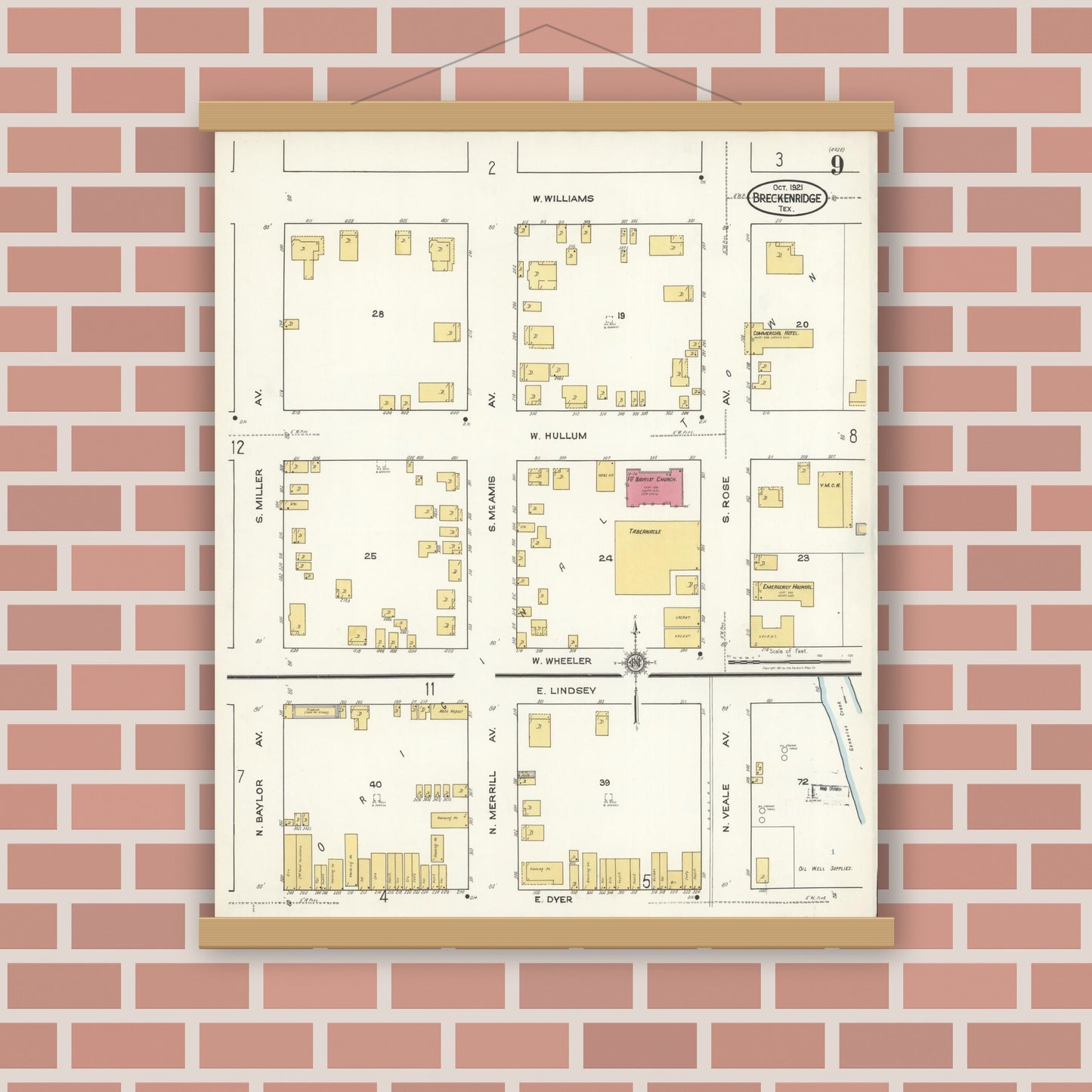 Old map wall art mockup — magnetic wood frame on brick wall — Sanborn Fire Insurance Map from Breckenridge, Stephens County, Texas (1921), Sheet #0009