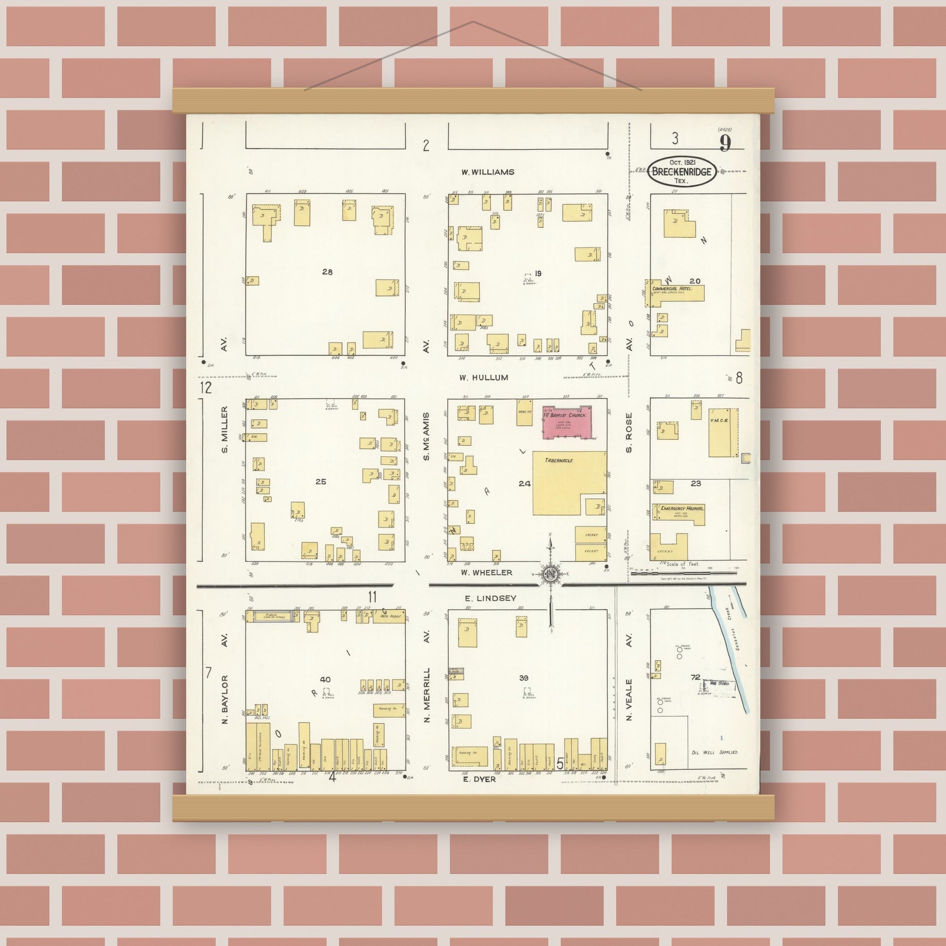 Old map wall art mockup — magnetic wood frame on brick wall — Sanborn Fire Insurance Map from Breckenridge, Stephens County, Texas (1921), Sheet #0009