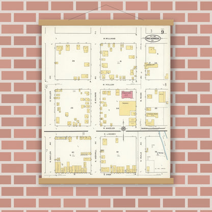 Old map wall art mockup — magnetic wood frame on brick wall — Sanborn Fire Insurance Map from Breckenridge, Stephens County, Texas (1921), Sheet #0009