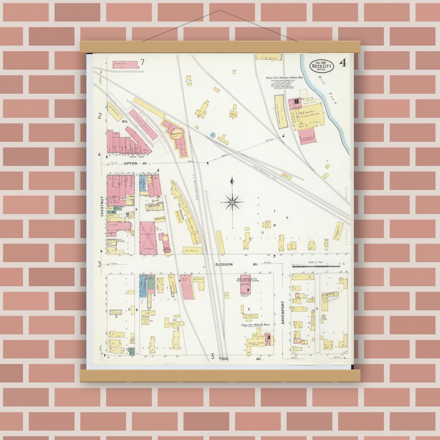 Old map wall art mockup — magnetic wood frame on brick wall — Sanborn Fire Insurance Map from Reed City, Osceola County, Michigan (1908), Sheet #0004