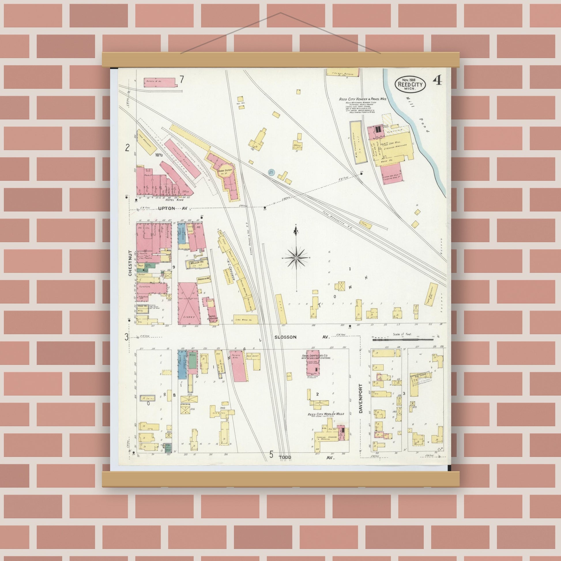 Old map wall art mockup — magnetic wood frame on brick wall — Sanborn Fire Insurance Map from Reed City, Osceola County, Michigan (1908), Sheet #0004