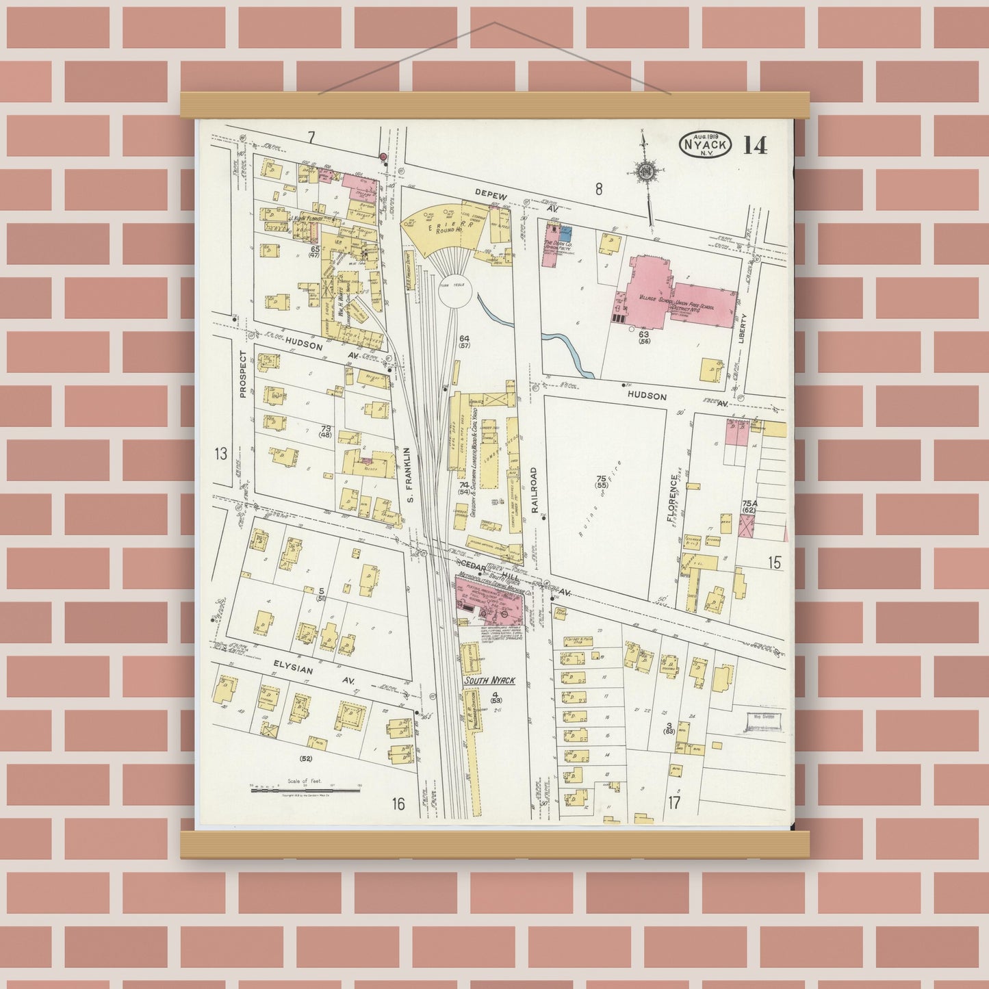 Old map wall art mockup — magnetic wood frame on brick wall — Sanborn Fire Insurance Map from Nyack, Rockland County, New York. (1919), Sheet #0014