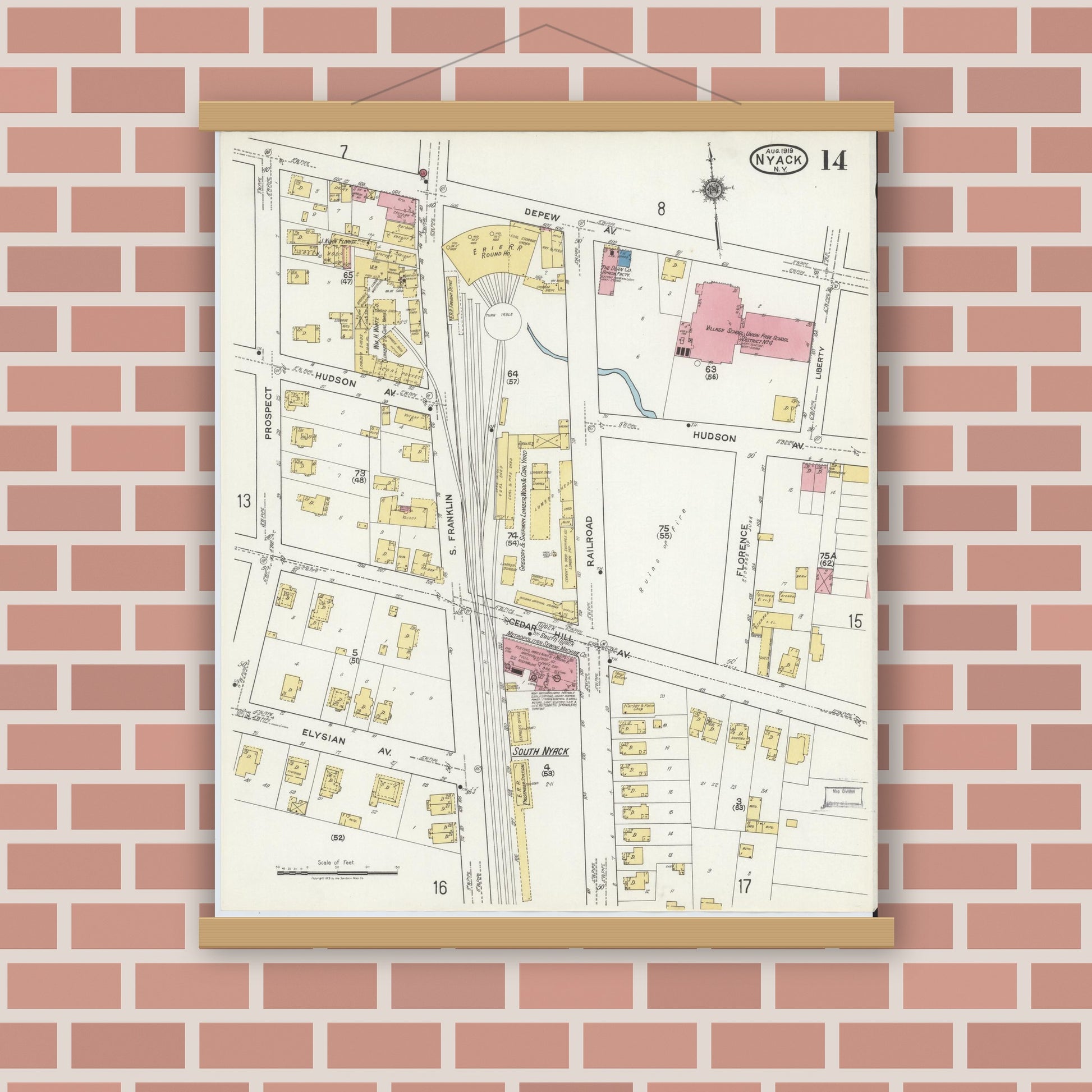 Old map wall art mockup — magnetic wood frame on brick wall — Sanborn Fire Insurance Map from Nyack, Rockland County, New York. (1919), Sheet #0014