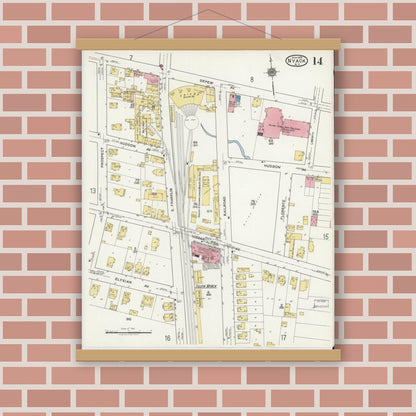 Old map wall art mockup — magnetic wood frame on brick wall — Sanborn Fire Insurance Map from Nyack, Rockland County, New York. (1919), Sheet #0014