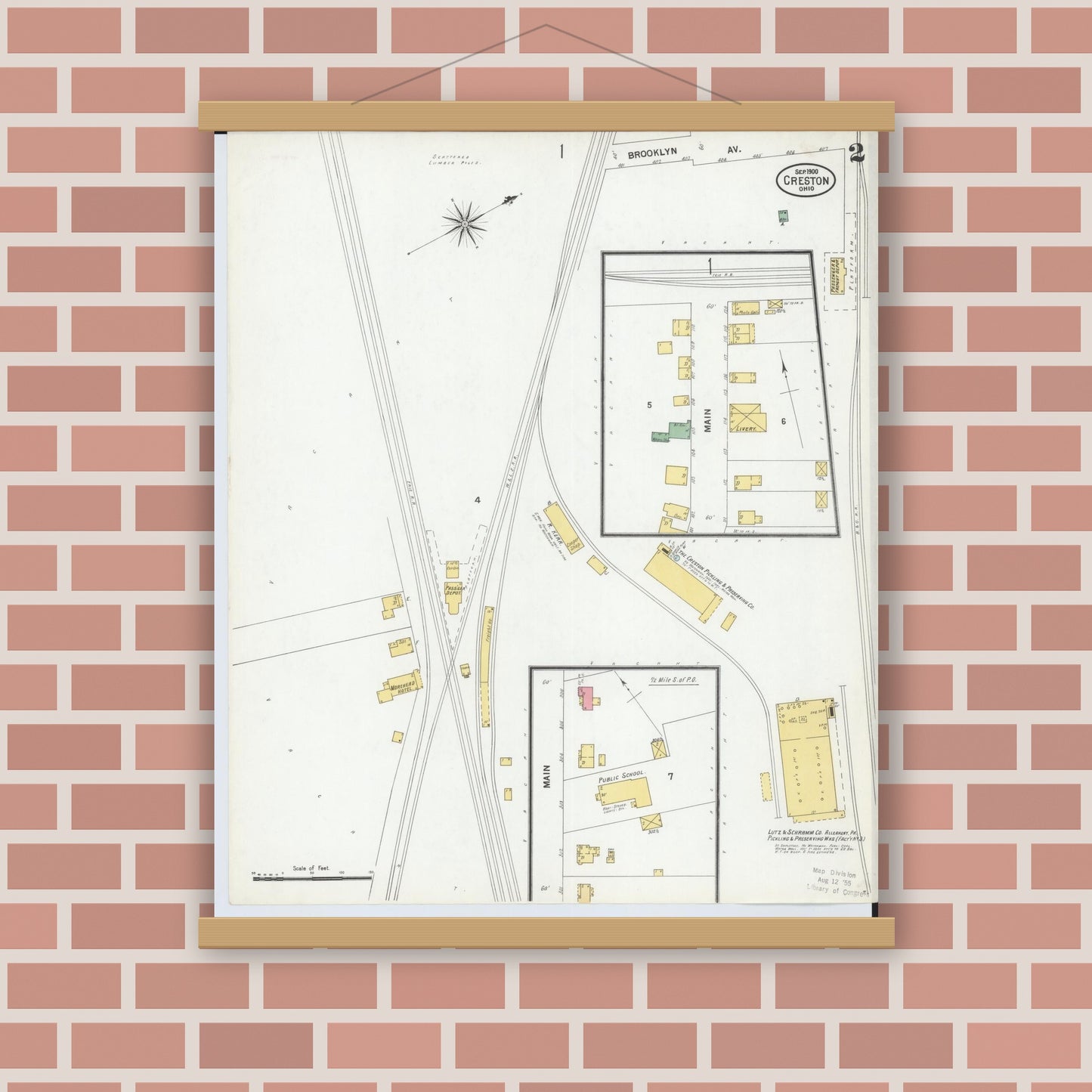 Old map wall art mockup — magnetic wood frame on brick wall — Sanborn Fire Insurance Map from Creston, Wayne County, Ohio (1900), Sheet #0002