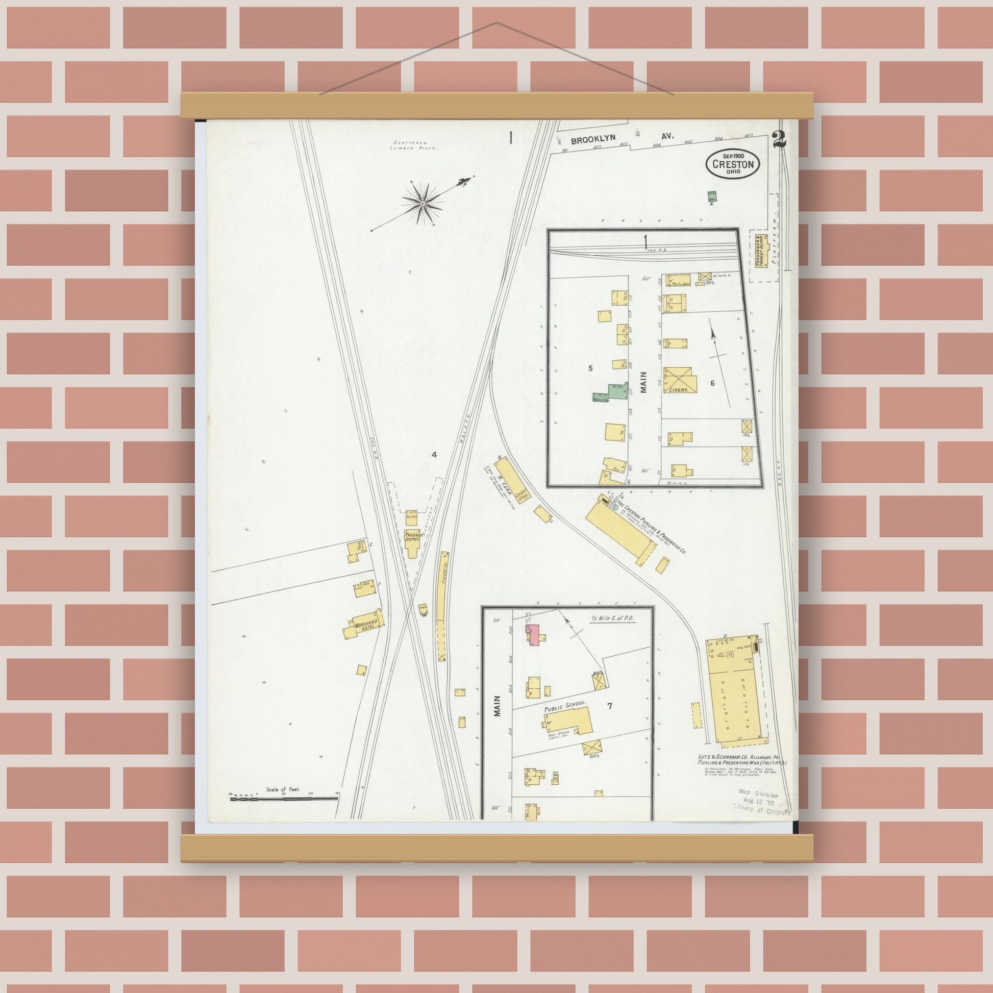 Old map wall art mockup — magnetic wood frame on brick wall — Sanborn Fire Insurance Map from Creston, Wayne County, Ohio (1900), Sheet #0002