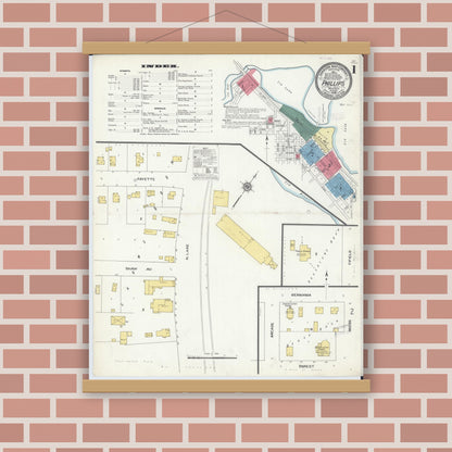 Old map wall art mockup — magnetic wood frame on brick wall — Sanborn Fire Insurance Map from Phillips, Price County, Wisconsin (1909), Sheet #0001