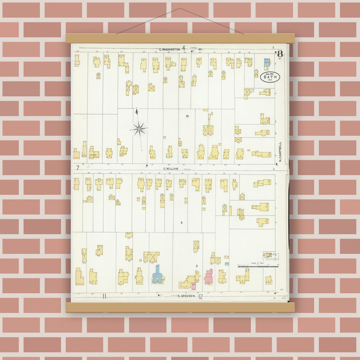 Old map wall art mockup — magnetic wood frame on brick wall — Sanborn Fire Insurance Map from Bath, Steuben County, New York (1904), Sheet #0008