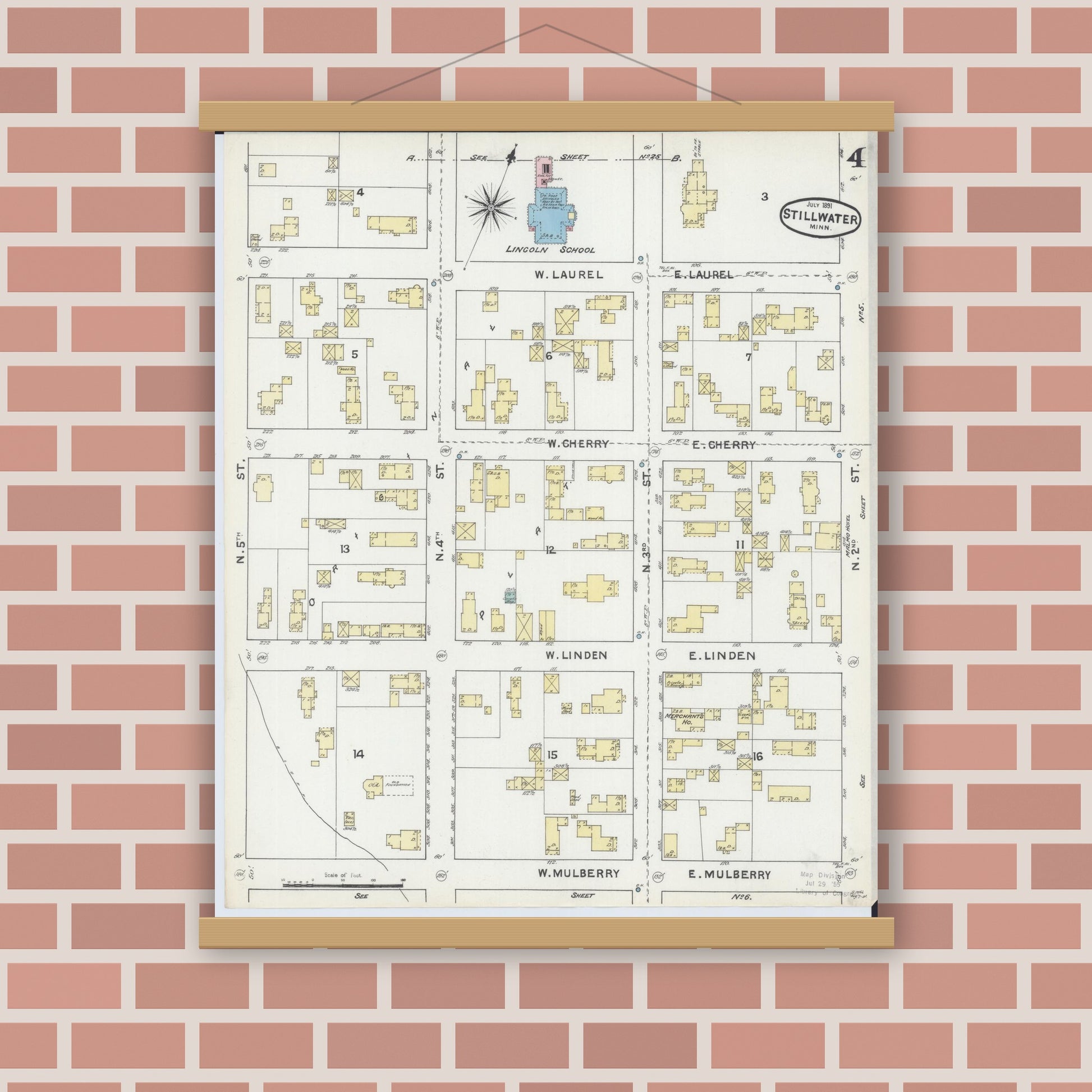 Old map wall art mockup — magnetic wood frame on brick wall — Sanborn Fire Insurance Map from Stillwater, Washington County, Minnesota (1891), Sheet #0004