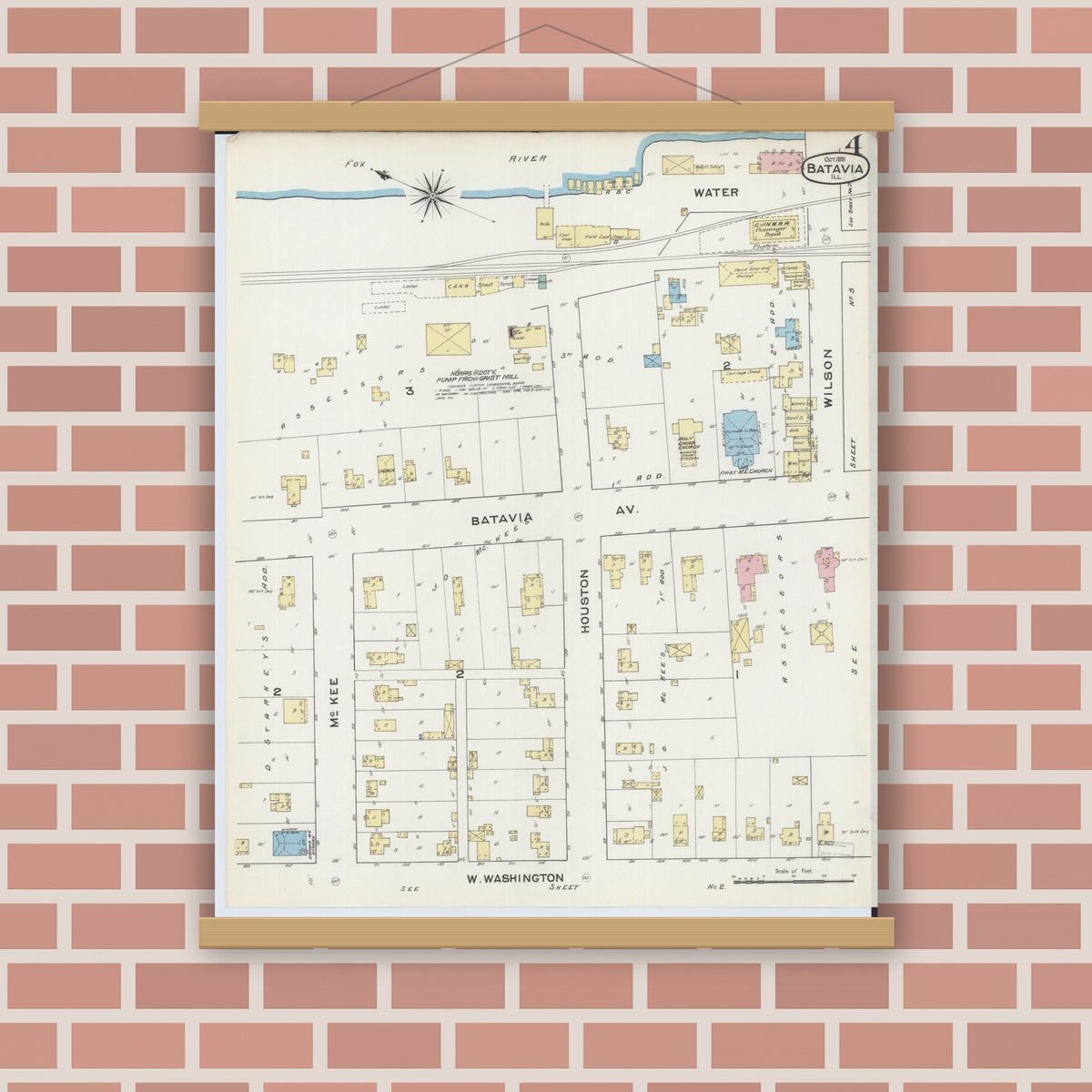 Old map wall art mockup — magnetic wood frame on brick wall — Sanborn Fire Insurance Map from Batavia, Kane County, Illinois (1891), Sheet #0004