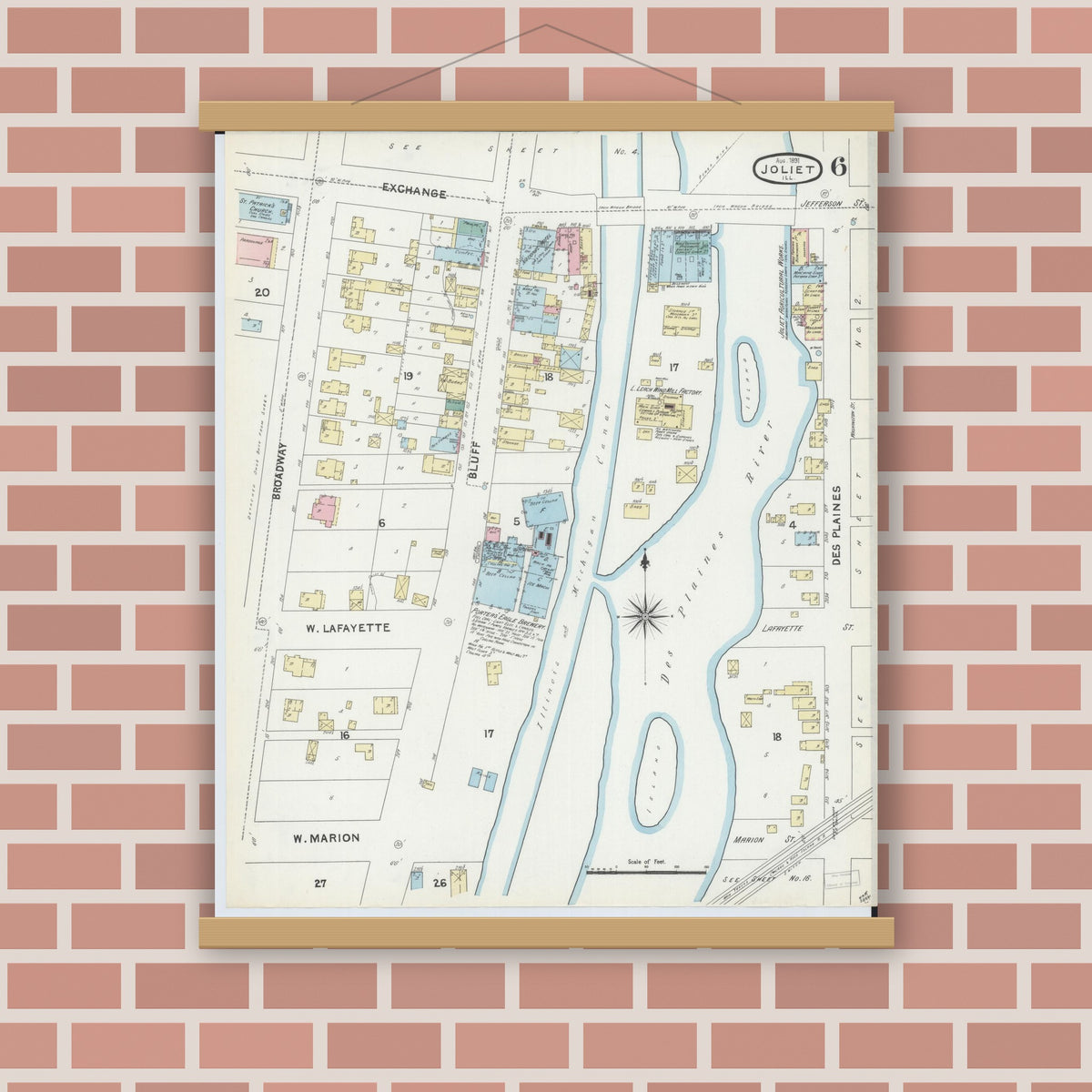 Old map wall art mockup — magnetic wood frame on brick wall — Sanborn Fire Insurance Map from Joliet, Will County, Illinois (1891), Sheet #0006