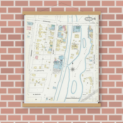 Old map wall art mockup — magnetic wood frame on brick wall — Sanborn Fire Insurance Map from Joliet, Will County, Illinois (1891), Sheet #0006