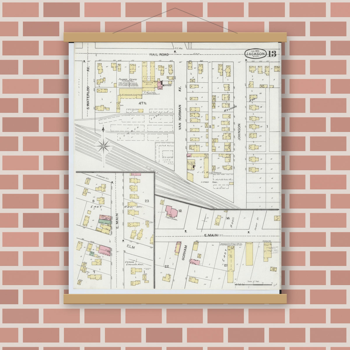 Old map wall art mockup — magnetic wood frame on brick wall — Sanborn Fire Insurance Map from Jackson, Jackson County, Michigan (1893), Sheet #0013