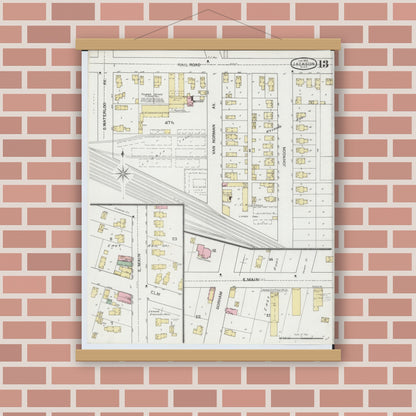 Old map wall art mockup — magnetic wood frame on brick wall — Sanborn Fire Insurance Map from Jackson, Jackson County, Michigan (1893), Sheet #0013