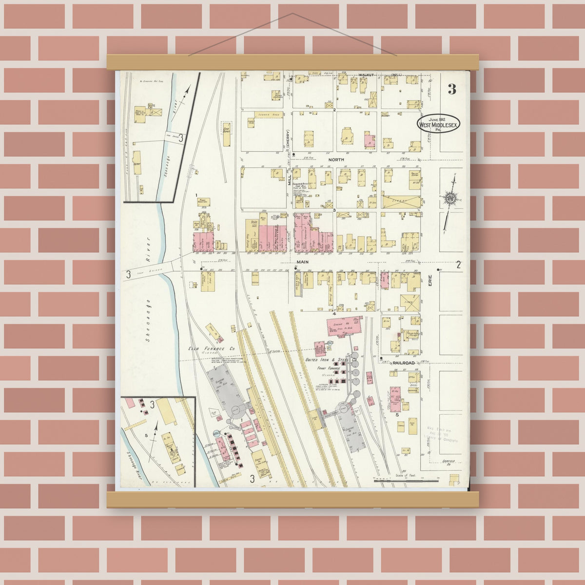 Old map wall art mockup — magnetic wood frame on brick wall — Sanborn Fire Insurance Map from West Middlesex, Mercer County, Pennsylvania (1912), Sheet #0003