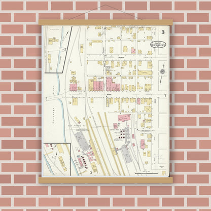 Old map wall art mockup — magnetic wood frame on brick wall — Sanborn Fire Insurance Map from West Middlesex, Mercer County, Pennsylvania (1912), Sheet #0003