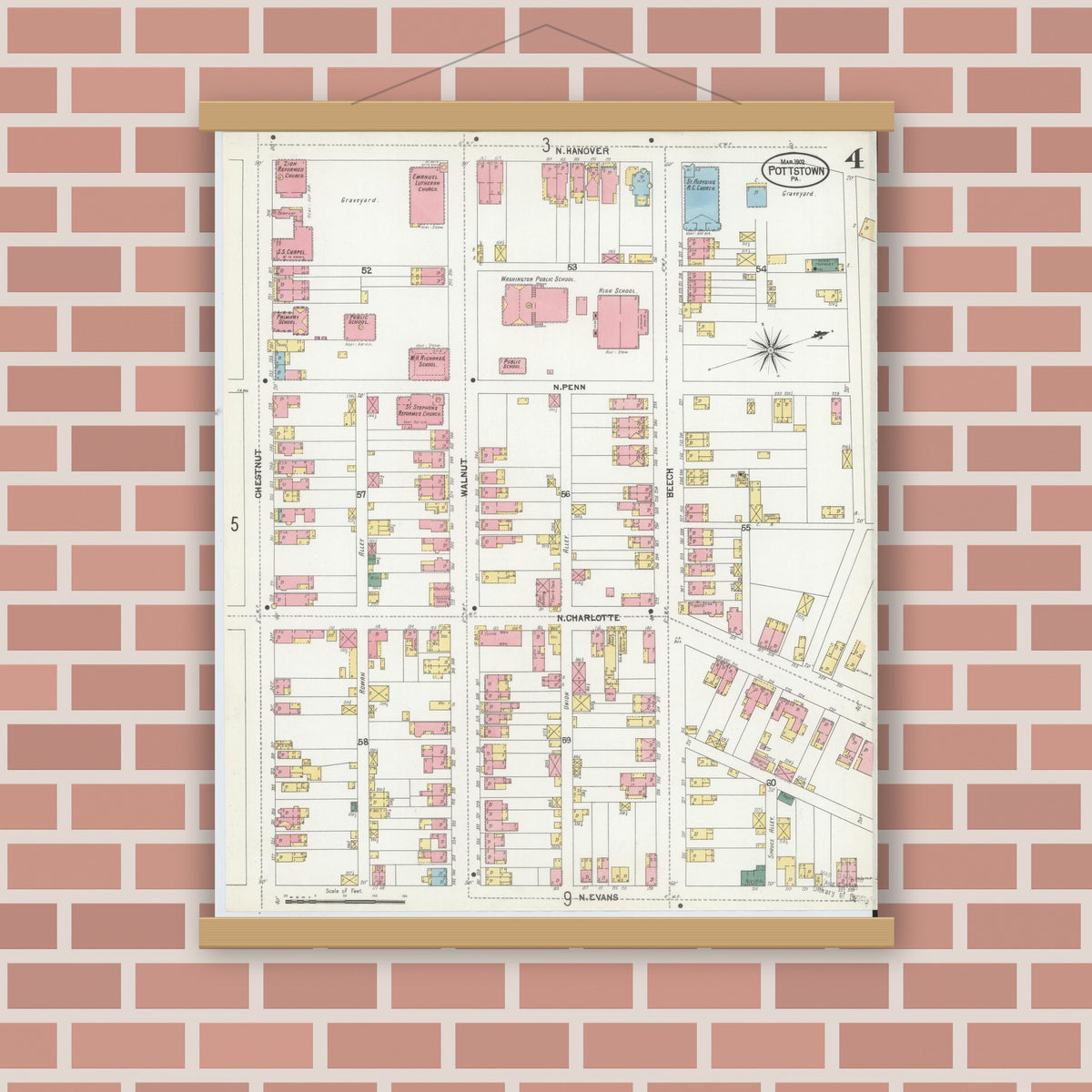 Old map wall art mockup — magnetic wood frame on brick wall — Sanborn Fire Insurance Map from Pottstown, Montgomery County, Pennsylvania (1902), Sheet #0004