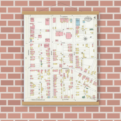 Old map wall art mockup — magnetic wood frame on brick wall — Sanborn Fire Insurance Map from Pottstown, Montgomery County, Pennsylvania (1902), Sheet #0004