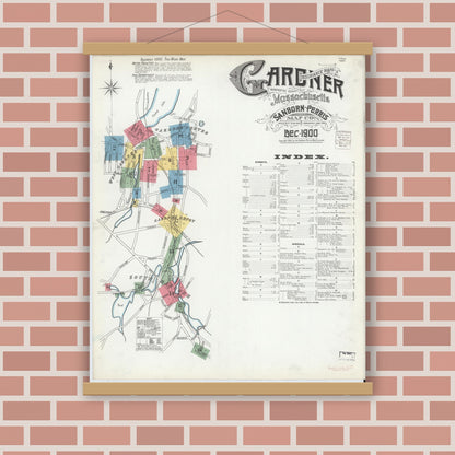 Old map wall art mockup — magnetic wood frame on brick wall — Sanborn Fire Insurance Map from Gardner, Worcester County, Massachusetts (1900) - Complete Map Set