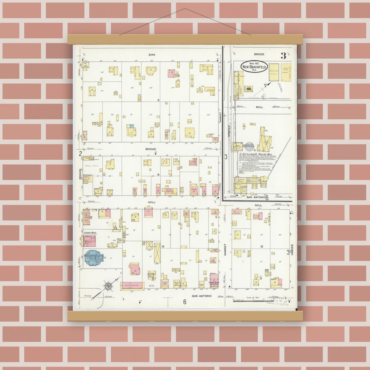 Old map wall art mockup — magnetic wood frame on brick wall — Sanborn Fire Insurance Map from New Braunfels, Comal County, Texas (1912), Sheet #0003