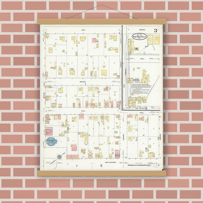 Old map wall art mockup — magnetic wood frame on brick wall — Sanborn Fire Insurance Map from New Braunfels, Comal County, Texas (1912), Sheet #0003