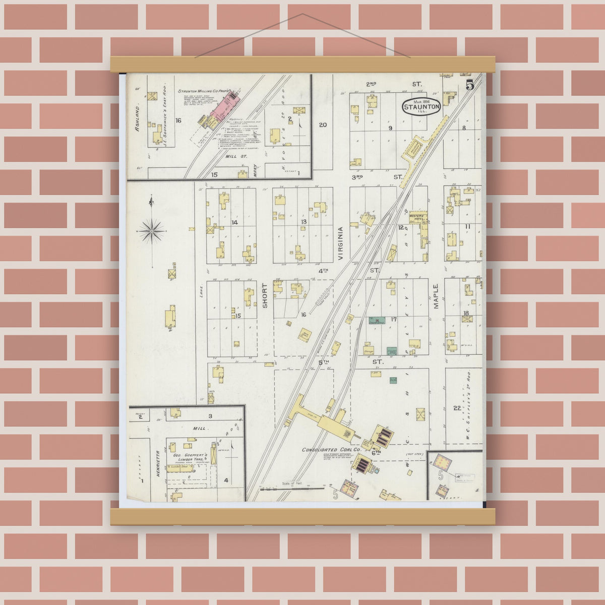 Old map wall art mockup — magnetic wood frame on brick wall — Sanborn Fire Insurance Map from Staunton, Macoupin County, Illinois (1894), Sheet #0005