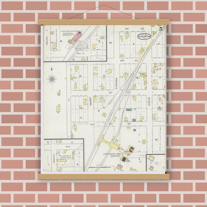 Old map wall art mockup — magnetic wood frame on brick wall — Sanborn Fire Insurance Map from Staunton, Macoupin County, Illinois (1894), Sheet #0005