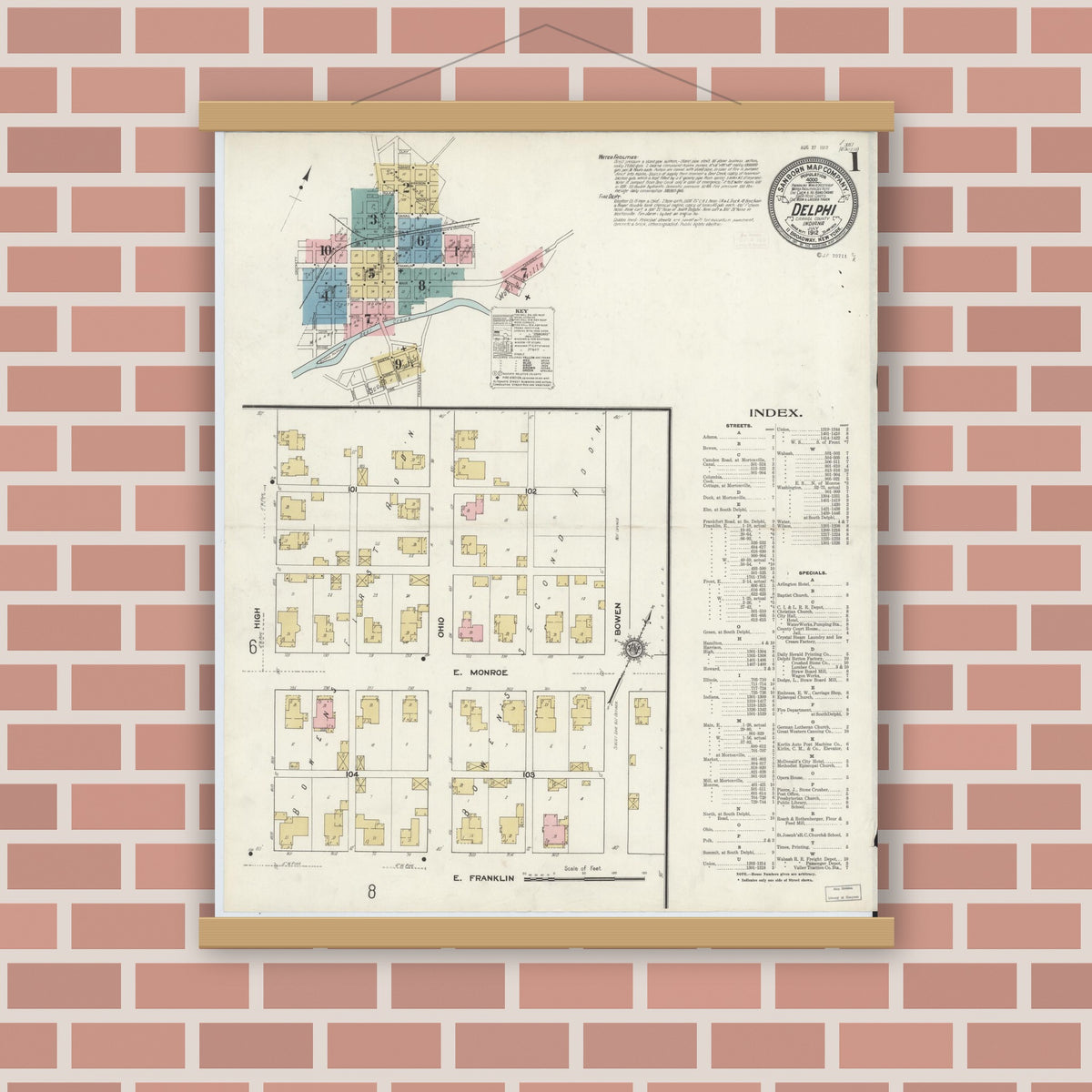 Old map wall art mockup — magnetic wood frame on brick wall — Sanborn Fire Insurance Map from Delphi, Carroll County, Indiana (1912) - Complete Map Set