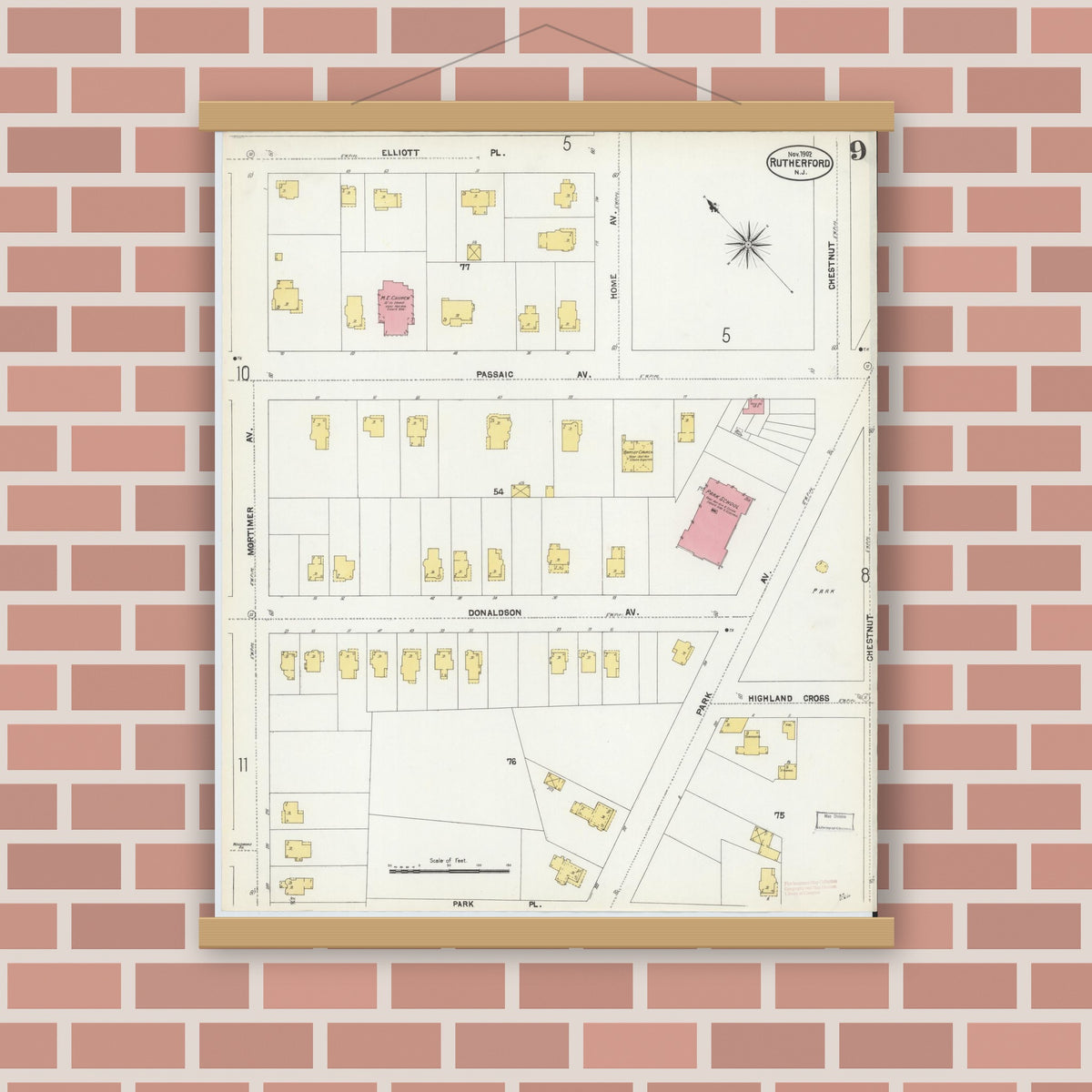 Old map wall art mockup — magnetic wood frame on brick wall — Sanborn Fire Insurance Map from Rutherford, Bergen County, New Jersey (1902), Sheet #0009