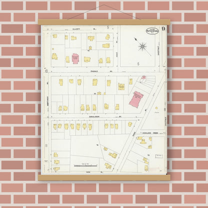 Old map wall art mockup — magnetic wood frame on brick wall — Sanborn Fire Insurance Map from Rutherford, Bergen County, New Jersey (1902), Sheet #0009