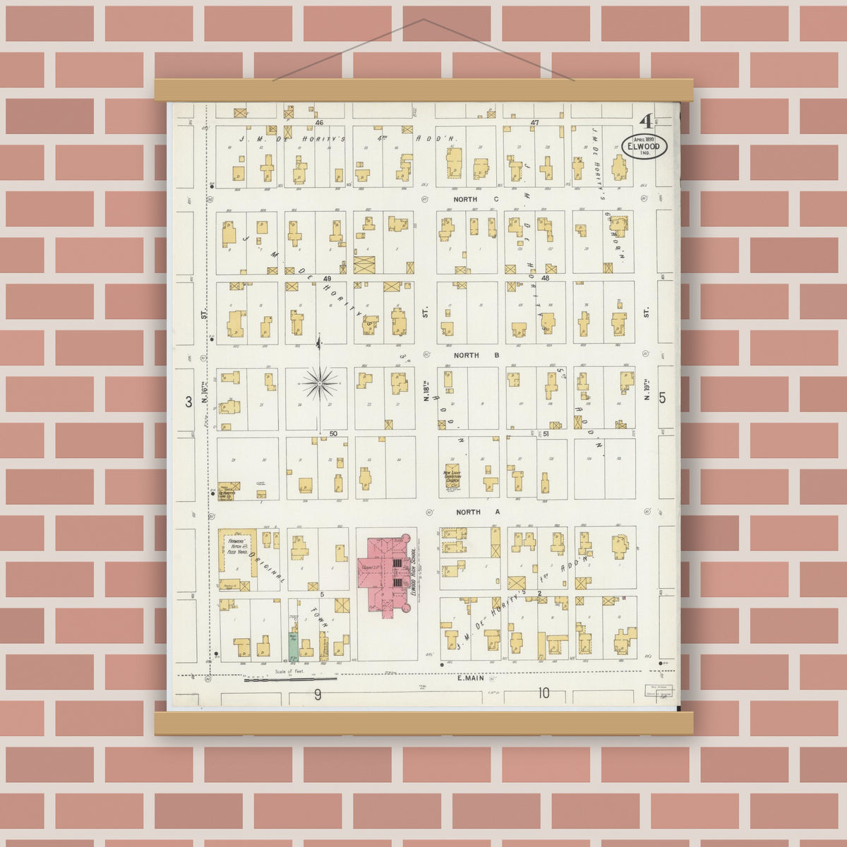 Old map wall art mockup — magnetic wood frame on brick wall — Sanborn Fire Insurance Map from Elwood, Madison County, Indiana (1899), Sheet #0004