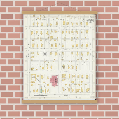 Old map wall art mockup — magnetic wood frame on brick wall — Sanborn Fire Insurance Map from Elwood, Madison County, Indiana (1899), Sheet #0004