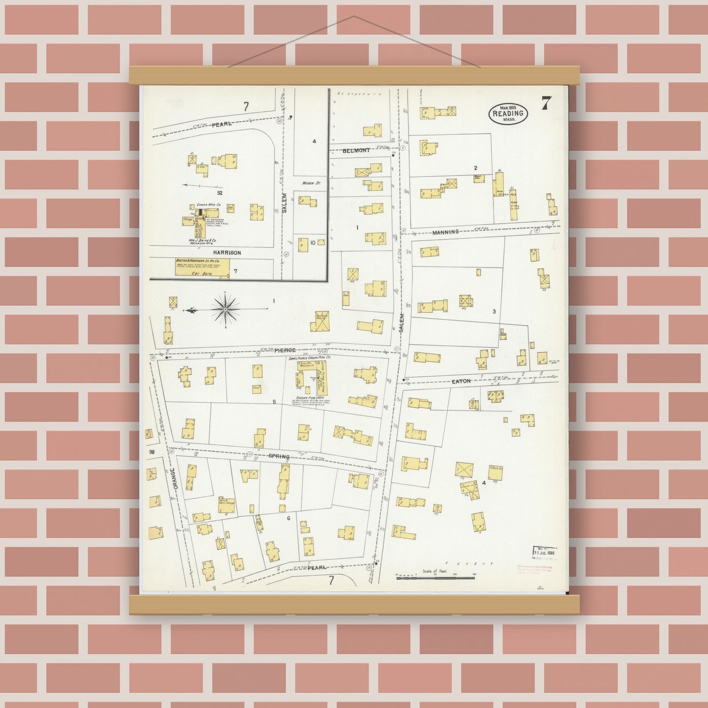 Old map wall art mockup — magnetic wood frame on brick wall — Sanborn Fire Insurance Map from Reading, Middlesex County, Massachusetts (1903), Sheet #0007