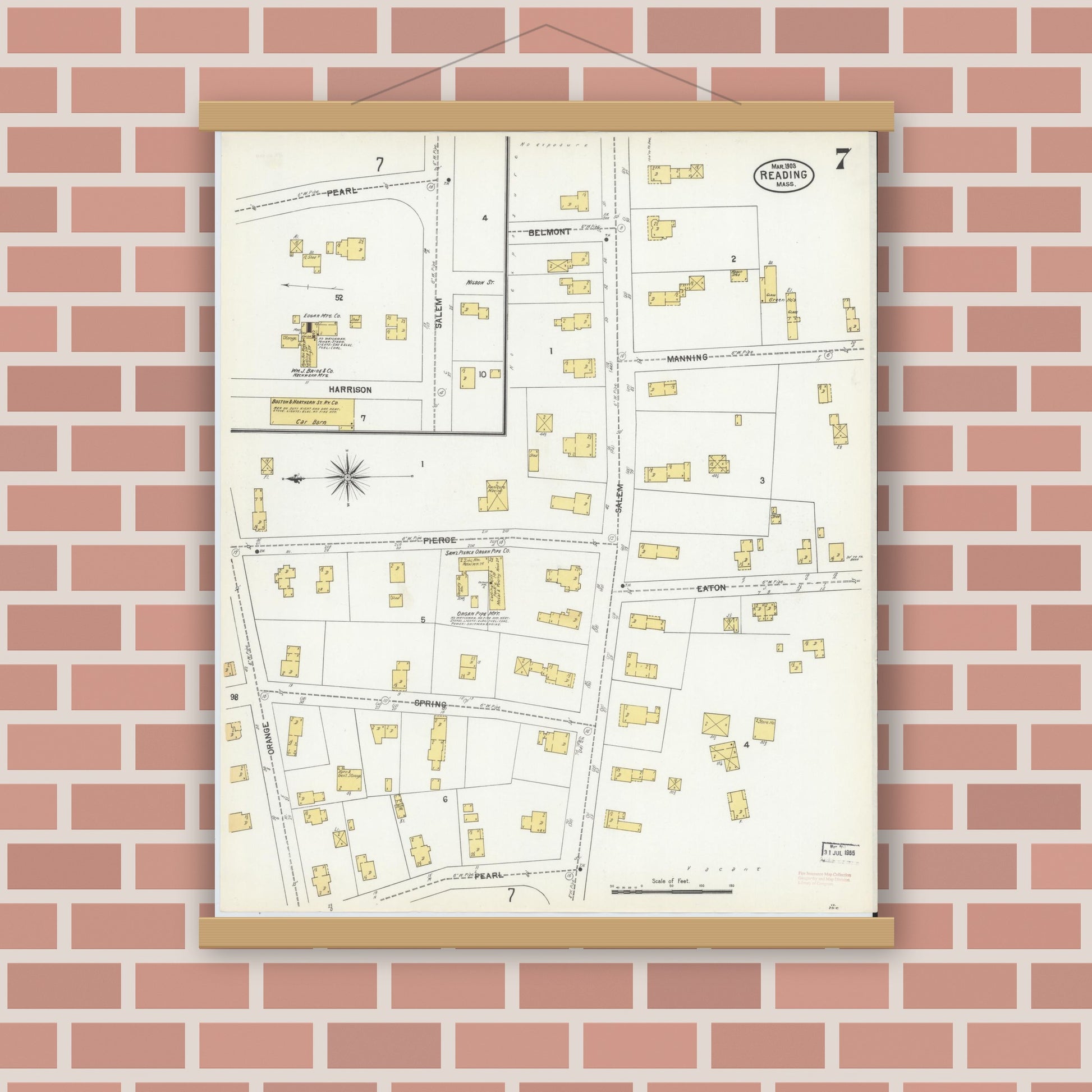 Old map wall art mockup — magnetic wood frame on brick wall — Sanborn Fire Insurance Map from Reading, Middlesex County, Massachusetts (1903), Sheet #0007