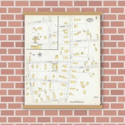 Old map wall art mockup — magnetic wood frame on brick wall — Sanborn Fire Insurance Map from Reading, Middlesex County, Massachusetts (1903), Sheet #0007