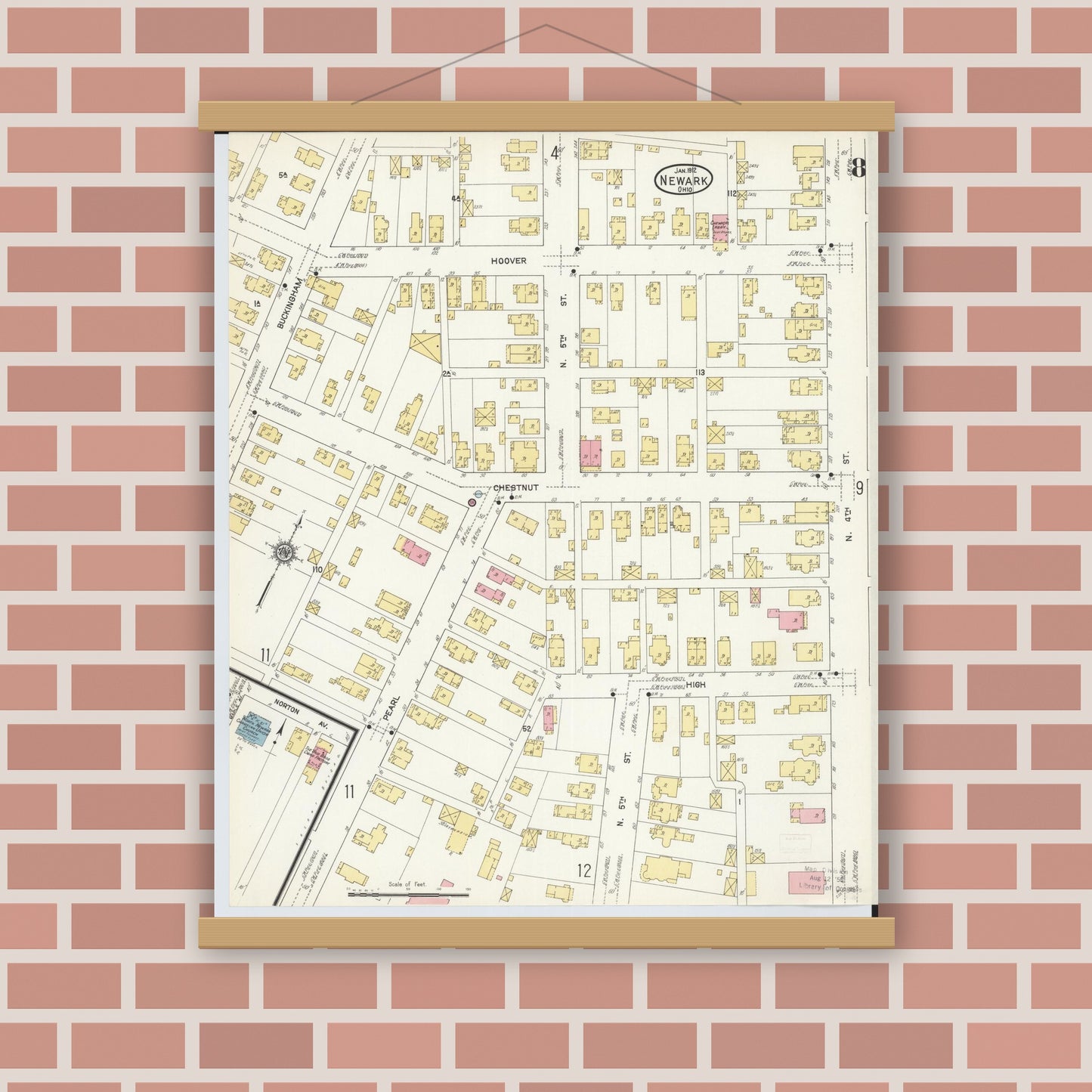 Old map wall art mockup — magnetic wood frame on brick wall — Sanborn Fire Insurance Map from Newark, Licking County, Ohio (1912), Sheet #0008