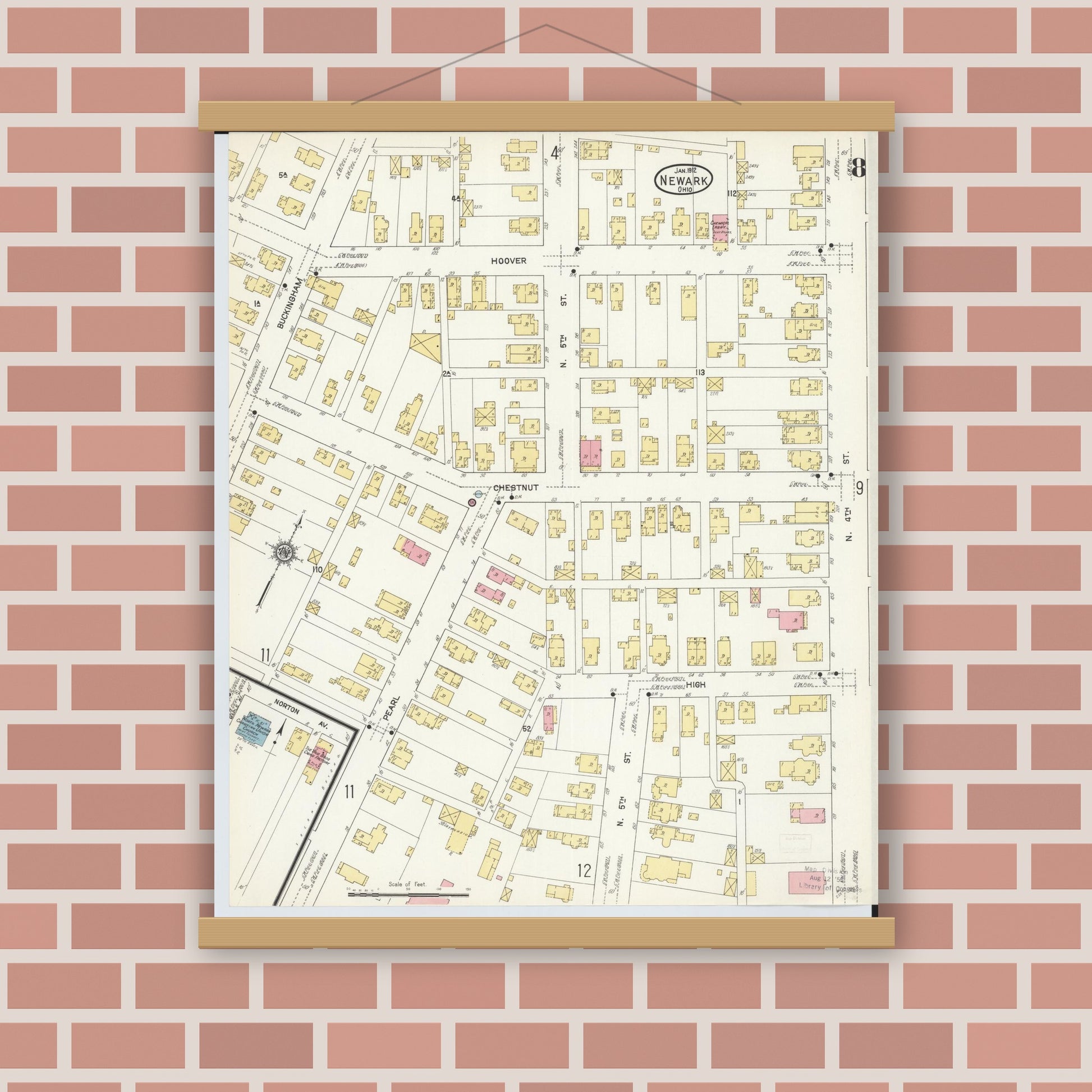 Old map wall art mockup — magnetic wood frame on brick wall — Sanborn Fire Insurance Map from Newark, Licking County, Ohio (1912), Sheet #0008