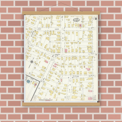 Old map wall art mockup — magnetic wood frame on brick wall — Sanborn Fire Insurance Map from Newark, Licking County, Ohio (1912), Sheet #0008