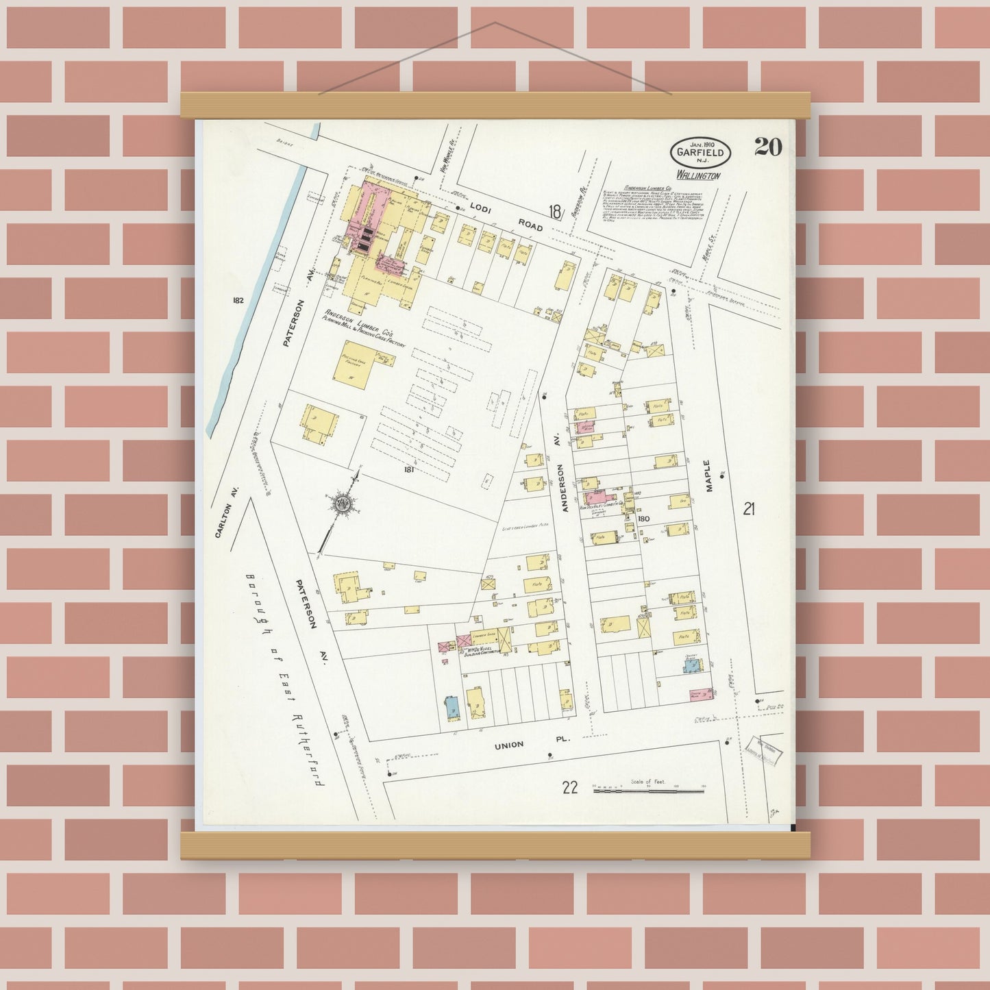 Old map wall art mockup — magnetic wood frame on brick wall — Sanborn Fire Insurance Map from Garfield, Bergen County, New Jersey (1910), Sheet #0020