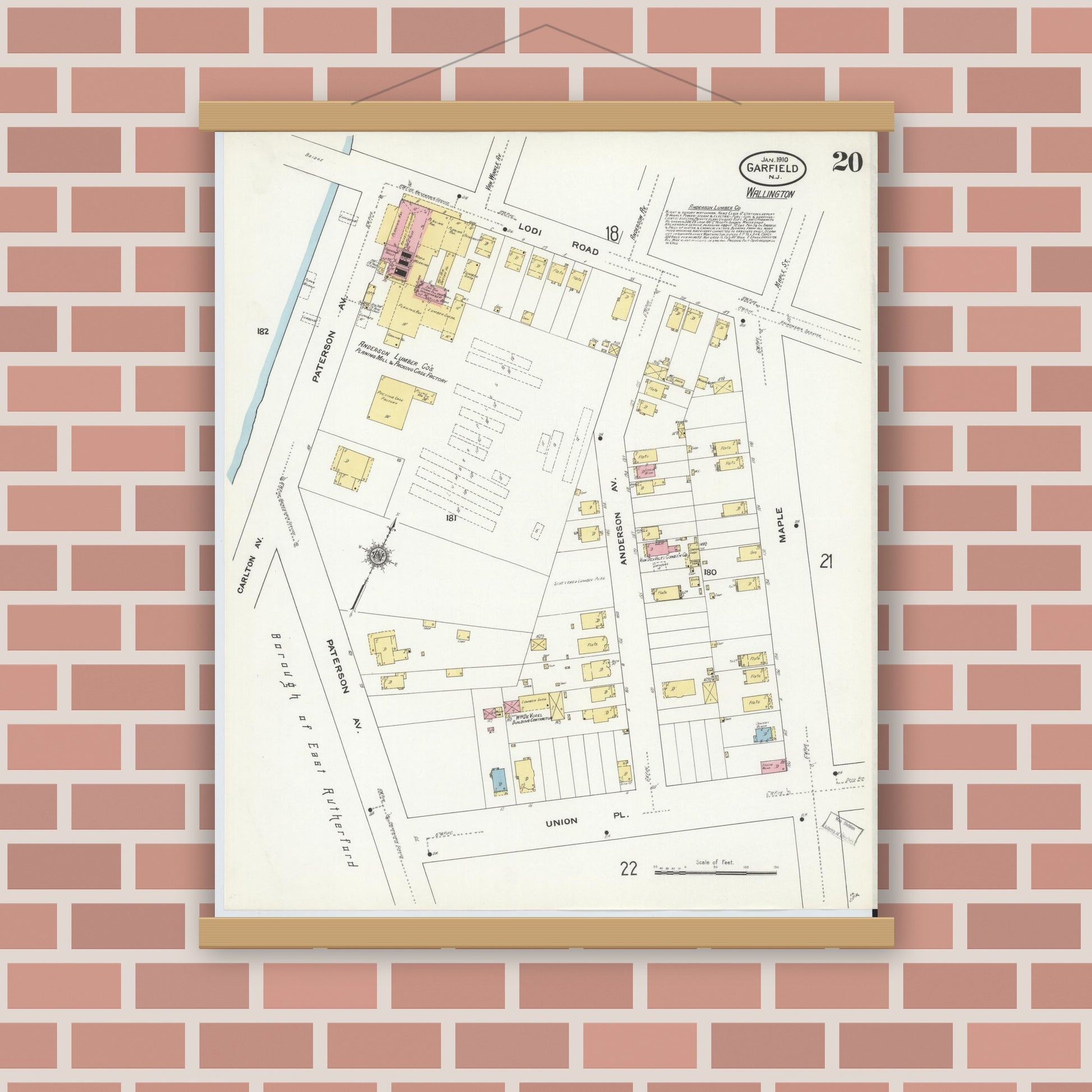 Old map wall art mockup — magnetic wood frame on brick wall — Sanborn Fire Insurance Map from Garfield, Bergen County, New Jersey (1910), Sheet #0020