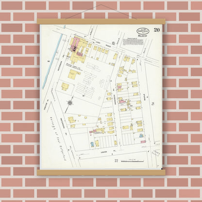 Old map wall art mockup — magnetic wood frame on brick wall — Sanborn Fire Insurance Map from Garfield, Bergen County, New Jersey (1910), Sheet #0020