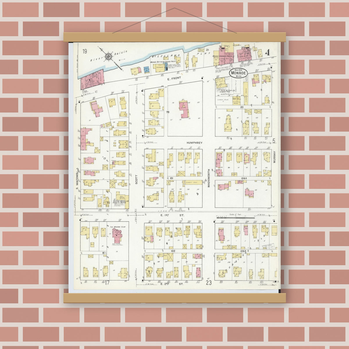 Old map wall art mockup — magnetic wood frame on brick wall — Sanborn Fire Insurance Map from Monroe, Monroe County, Michigan (1916), Sheet #0004
