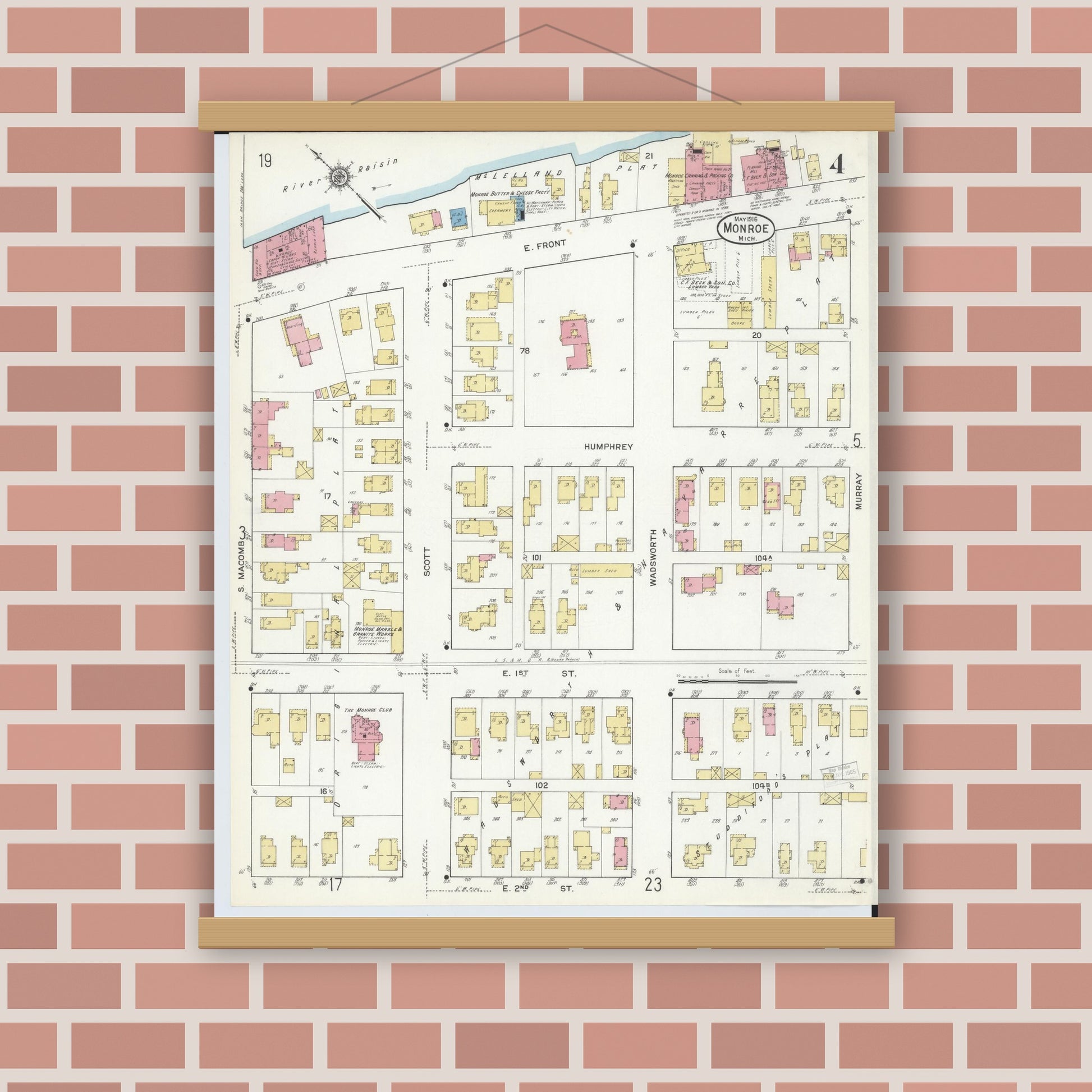 Old map wall art mockup — magnetic wood frame on brick wall — Sanborn Fire Insurance Map from Monroe, Monroe County, Michigan (1916), Sheet #0004