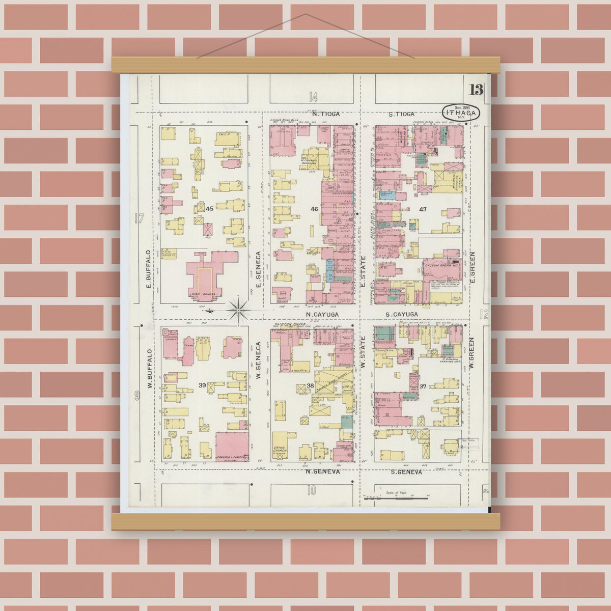 Old map wall art mockup — magnetic wood frame on brick wall — Sanborn Fire Insurance Map from Ithaca, Tompkins County, New York (1893), Sheet #0013