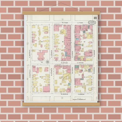 Old map wall art mockup — magnetic wood frame on brick wall — Sanborn Fire Insurance Map from Ithaca, Tompkins County, New York (1893), Sheet #0013